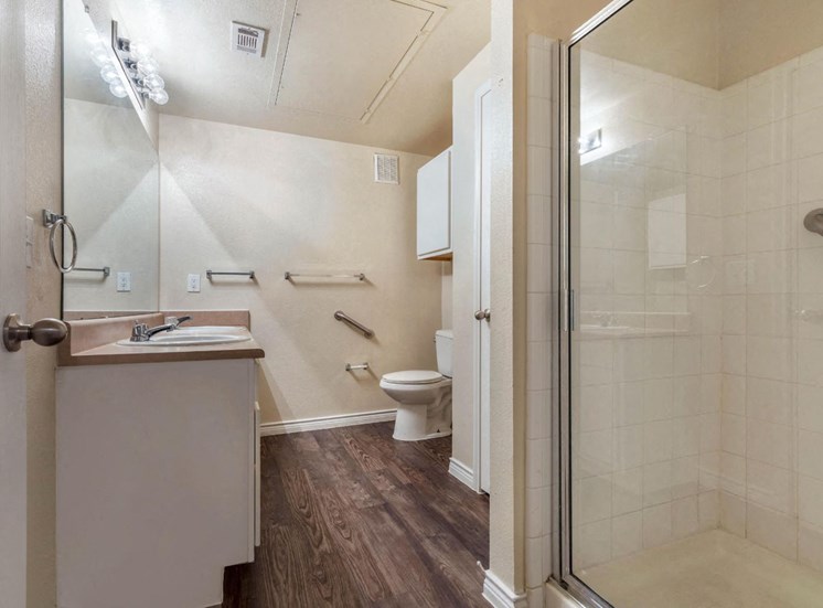 Bathroom with hardwood style flooring